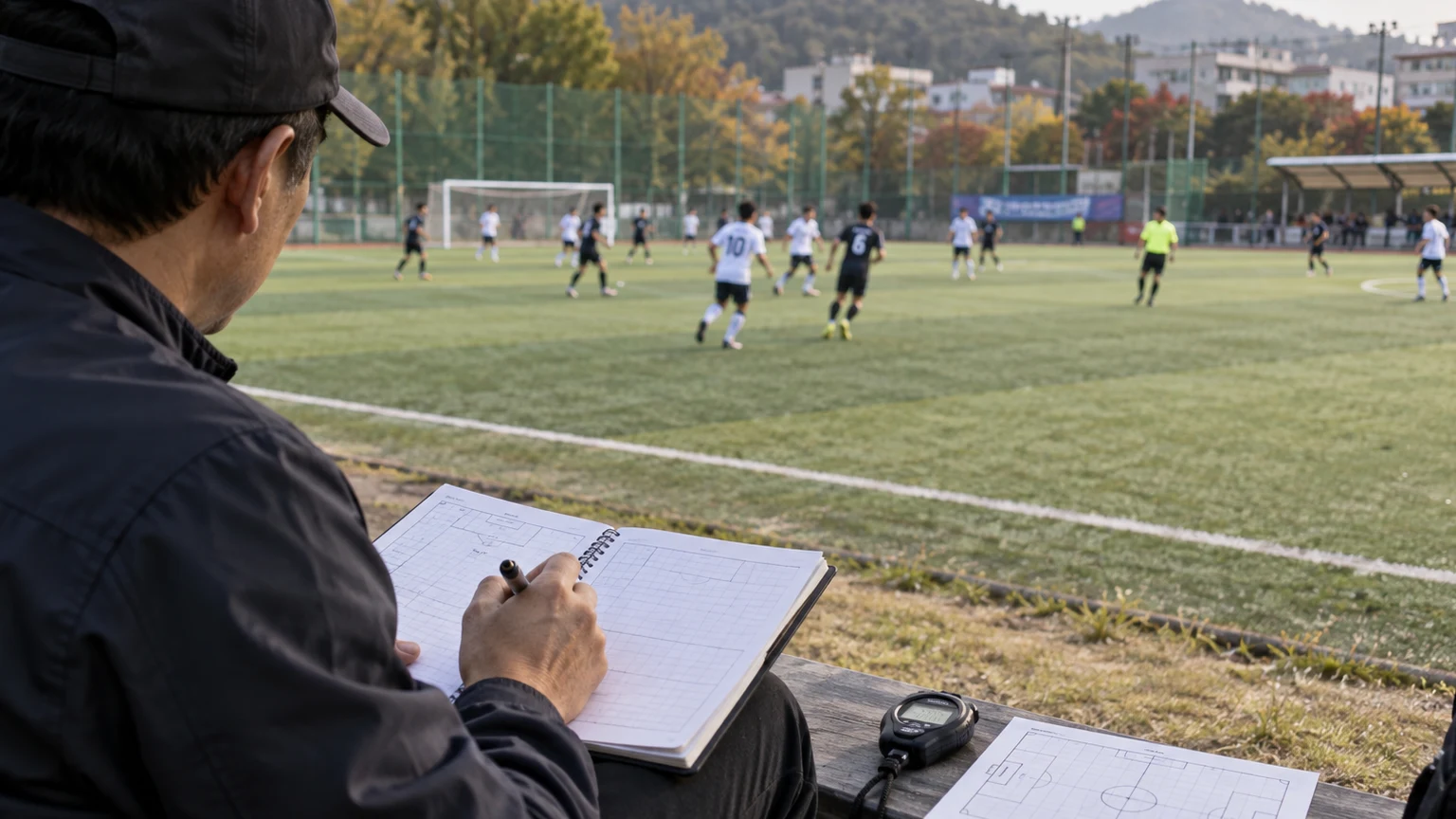 생활축구 경기 옆에서 관찰자가 노트와 스톱워치로 장면을 기록하는 편집 이미지