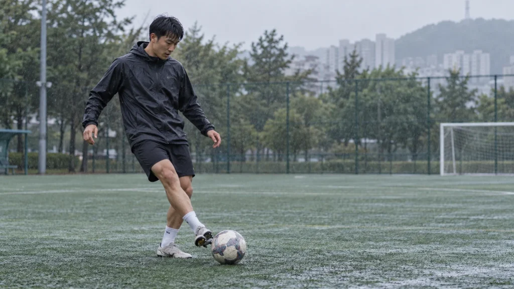 가벼운 비가 내리는 인조잔디 구장에서 성인 선수가 젖은 공을 안쪽 발로 다루는 편집 이미지