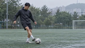 가벼운 비가 내리는 인조잔디 구장에서 성인 선수가 젖은 공을 안쪽 발로 다루는 편집 이미지