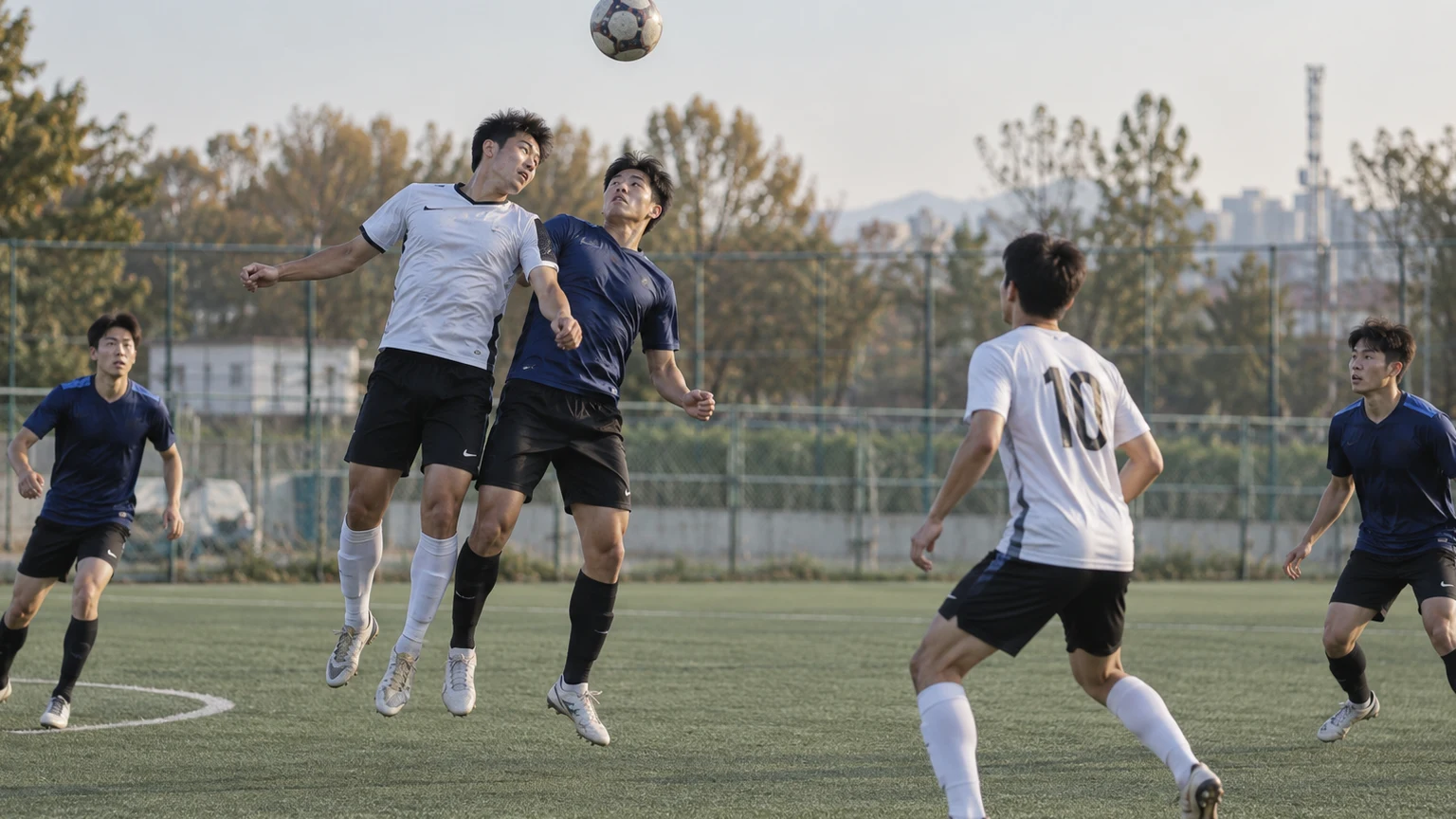 공중볼 경합 주변에서 여러 성인 선수가 세컨드볼 위치를 준비하는 생활축구 편집 이미지